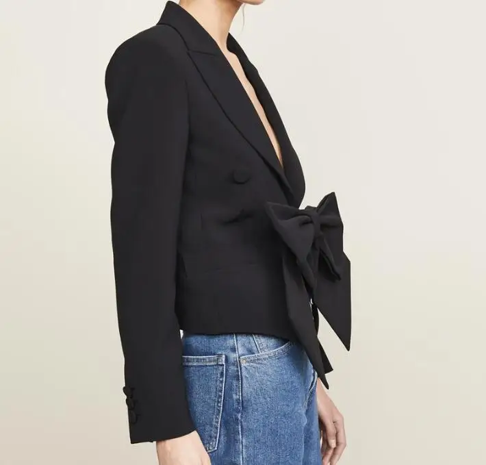 

Fashion 100% Cotton Women Solid Pleated Bow Waist Sashes V Collar Lantern Sleeve Slim Office Suit Long Sleeve Coat