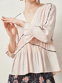 

Fashion Women V-neck Blosue Slim Waist Flare Sleeve lady Sweet OL Office Wear Shirt and Top