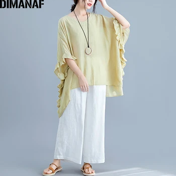 

DIMANAF Oversize Summer Blouse Shirts Women Clothing Casual Female Lady Tops Tunic Cotton Linen Ruffles Batwing Sleeve Plus Size