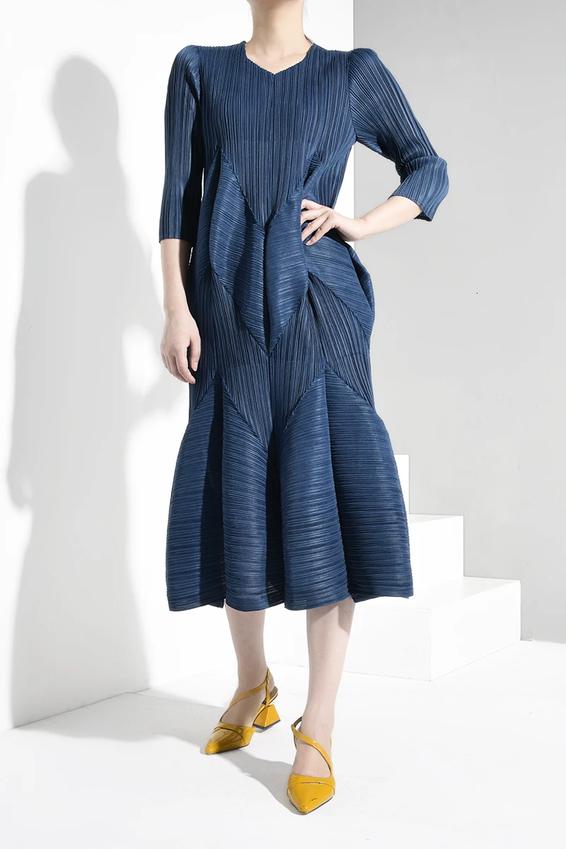 [DEAT] однотонное Плиссированное женское платье с v-образным вырезом и рукавом в три точки, Повседневная мода, осенняя Новинка TV738 - Цвет: Hide blue
