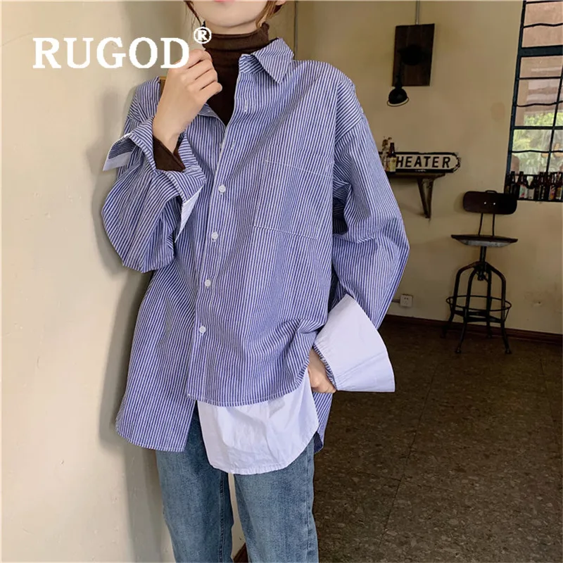 RUGOD полосатая офисная блузка женские блузки с длинным рукавом элегантный топ корейская модная одежда женские рубашки Повседневная Простая рубашка