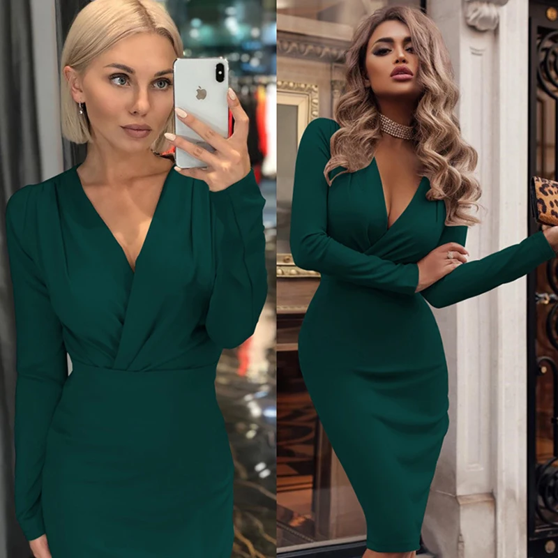 

Women Sexy v Neck Sheath Slim Party Dress Ladies Long Sleeve Office Work Elegant Dress Knee Length 2019 Fashion Vintage Solid