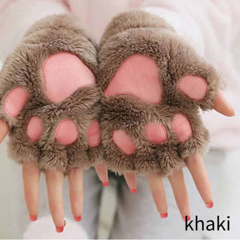 

Women Cute Cat Claw Paw Plush Mittens Winter Warm Fingerless Thick Gloves Soft Bear Claw Half Finger Gloves Cat Claw Mittens