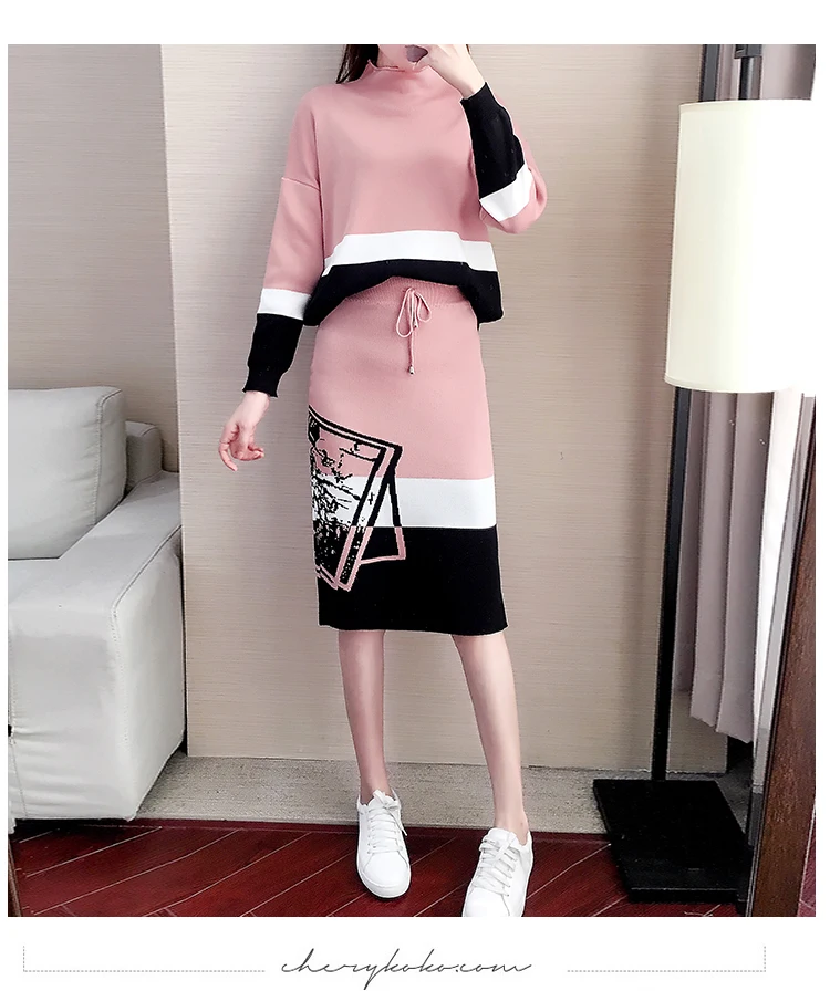 Ladies Autumn Knitted Sweaters 2 Piece Set Women's Vintage Hit Color Pullover Top+ Print Pencil Knit Skirt Two Piece Set Suit