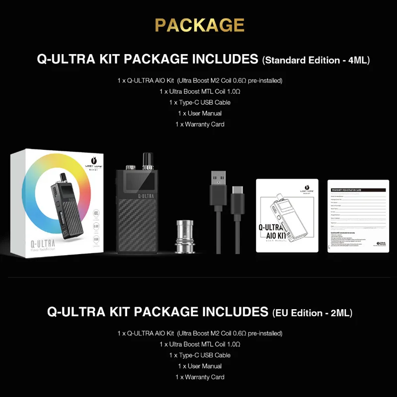 Оригинальная электронная сигарета qu ultra Lost Vape Kit картридж 4 мл аккумулятор 1600 мАч
