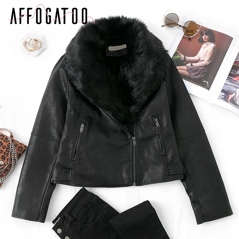 Affogatoo Casual Autumn winter warm faux fur female jackets furry Detachable collar leather coat women Thick outwear ladies coat