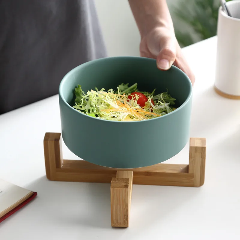 Creative Nordic Salad Bowl with Wooden Shelf Creative Ceramic Container for Fruit Bread Room Saving Stackable