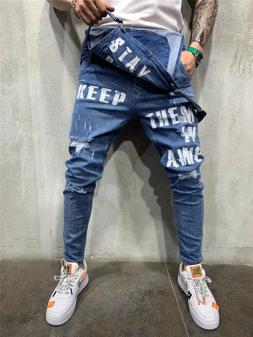 2019 Модные мужские рваные джинсы комбинезоны длиной до щиколотки с буквенным принтом рваные джинсовые комбинезоны для мужчин брюки на