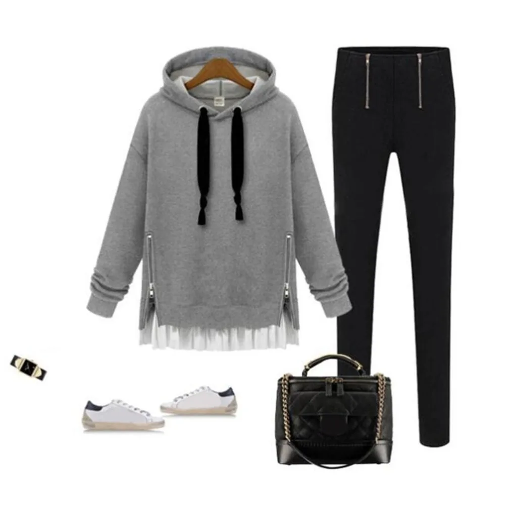 

Hoodies False Two Pieces Women Hoodie Solid Color Female Hooded Pullovers Long Sleeve Flouncing Hem Outer Garment Autumn Winter
