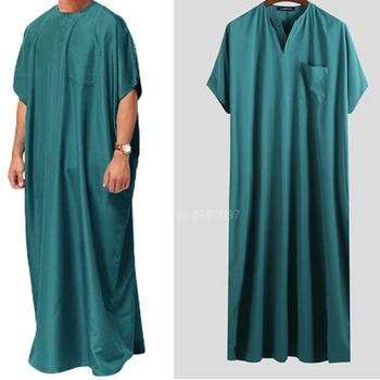

2020 Muslim Traditional Islamic Clothing Muslim Dress Men Jubba Thobe Solid Color Loose Short Sleeve Abaya Fashion Pocket Robe