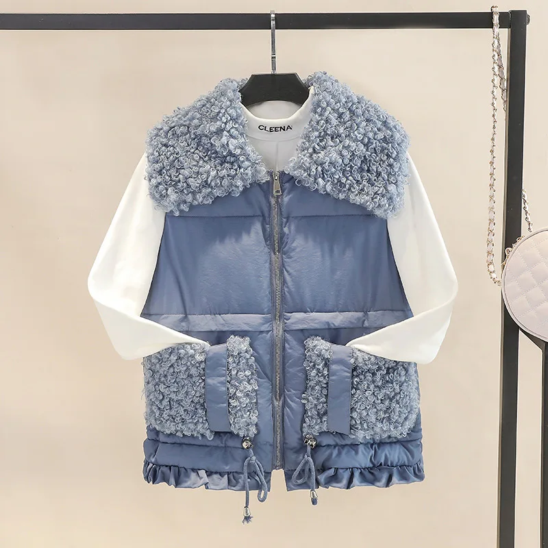 

Women's Lamb Wool Patchwork Padded Vest Coats Turn-down Collar Drawstring Zipper Female Vest Autumn Winter Warm Ladies Waistcoat