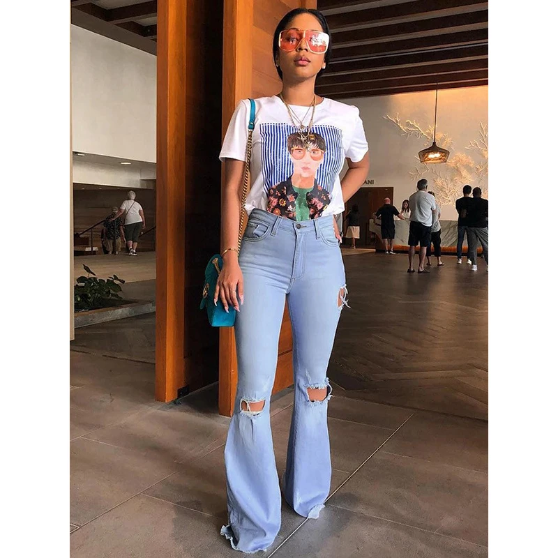 Fashion Flare Jeans Pants Women Retro Ripped Jeans Wide Leg Denim Trousers Ladies Casual Bell-Bottoms Flare Pant Female 2020 Hot