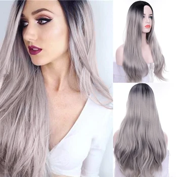 

LUPU Synthetic Wigs For Women Middle Part Long Natural Wave Heat Resistant Fiber Ombre Black Gray Hair Wig