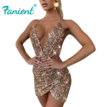 

Irregular Sequin Dress Women Glitter Mini Dress Women Sexy Deep V Slim Skinny Backless Club Bodycon Dress Summer Party Dresses