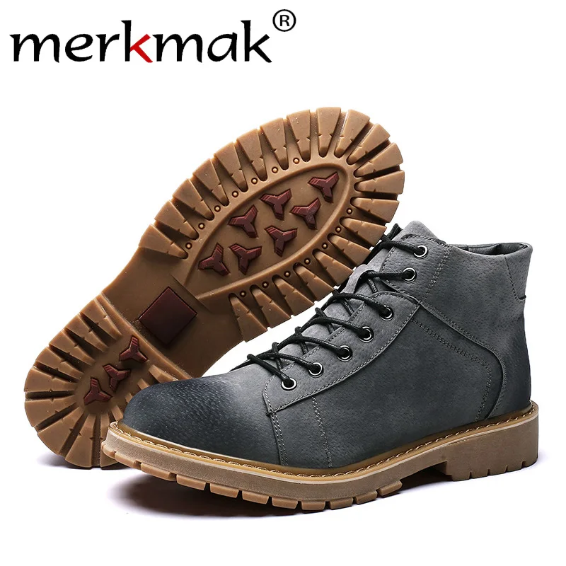 

Merkmak New Autumn Leather Boots Fashion Lace-up Ankle Booties Warm Non-slip Winter Work Boots Big Size 38-44 Male Casual Shoes