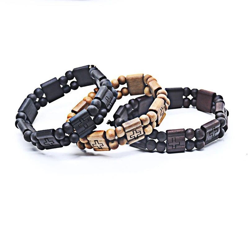 Pulsera de cadena cuentas cruzadas de madera para mujer, elástico con cuentas cruzadas, Cuadrado ancho, color negro/marrón oscuro cristiano, joyería religiosa la envolventes| - AliExpress