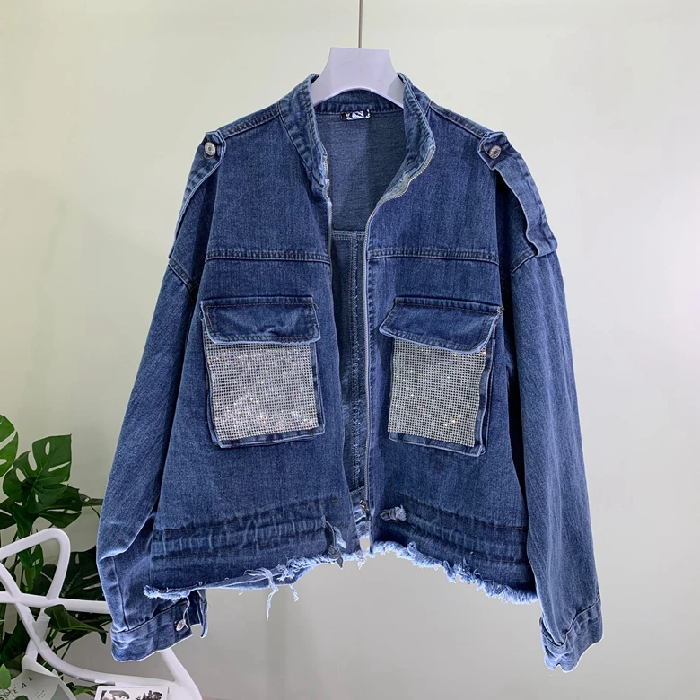 Spring Fall Short Denim Jacket White Jackets Women 2019 New Korean Style Big Pocket Water Drill Fur-edged Loose Jean Coat | Женская