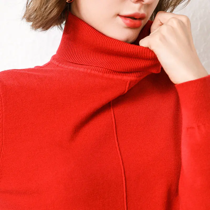 Smpevrg, вязаный свитер, женские пуловеры, длинный рукав, высокий ворот, теплый пуловер, женские свитера, вязаные топы, джемпер, женская одежда - Цвет: red