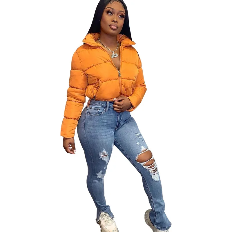 

Stand Collar Long Sleeves Zipper Pockets Duck Down Jacket New Winter Women Coat Warm European and American Clothes