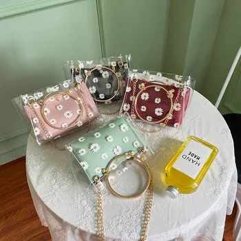 

2020 Fashion Women Transparent Daisy Pattern Shoulder Bag Hardware Chain Strap Color Block Messenger Handbag Composite Tote