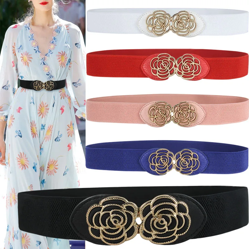 Women Lady Fashion Metallic Retro Flower Elastic Stretchy Dress Decorate Red Blue Black White Pink Waist Belts Ceinture Female