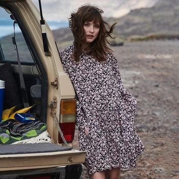 

Mini Floral Print Dress Women Autumn Casual Long Sleeve Buttons Pleated Eleganr Dresses 2020 Vintage Woman Vestidos Summer