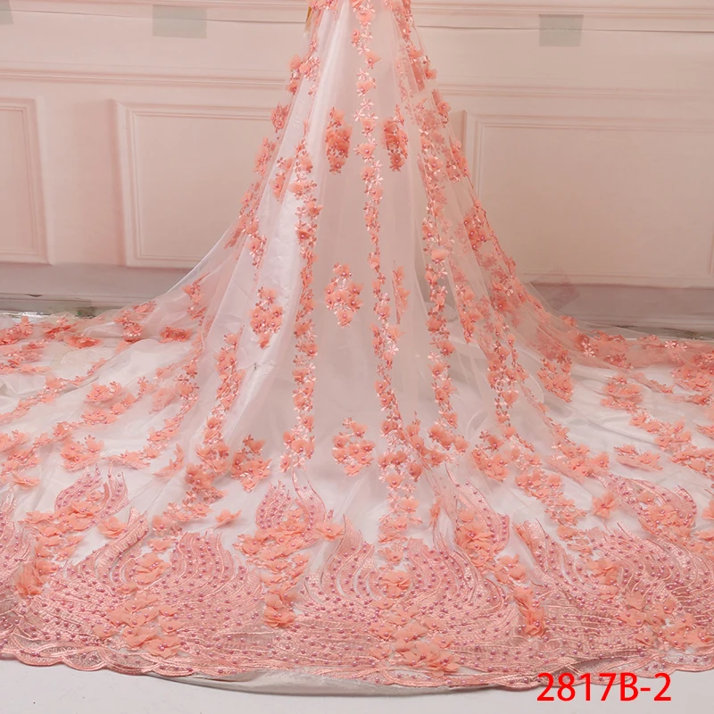 

NIAI African Nigerian Lace Fabric 2019 High Quality Embroidered Tulle Beaded Lace Fabric 3D Lace Material For Dress XY2817B-2