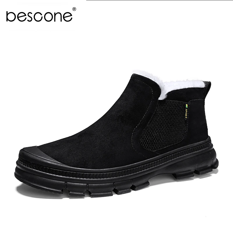 Black BESCONE/мужские зимние теплые ботинки; Повседневные Классические ботинки до щиколотки; Мужская водонепроницаемая нескользящая обувь; HY1819 - Цвет: Black