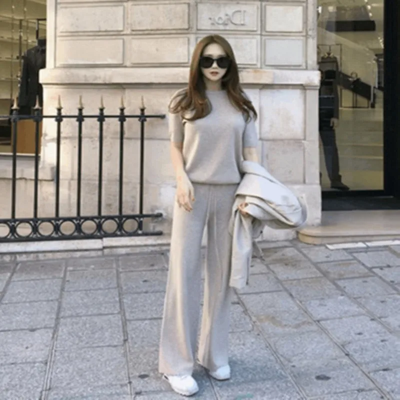 

Casual Fashion Set 2019 Spring And Autumn New Style WOMEN'S Dress Short-sleeved Knitted Sweater Tops Loose Pants Trousers Two-Pi