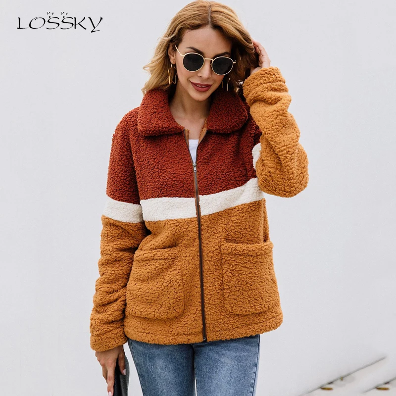 Ideal  Lossky Women Autumn Winter Plush Jacket Coats Long Sleeve Flannel Warm Outwear Female New Patchwork