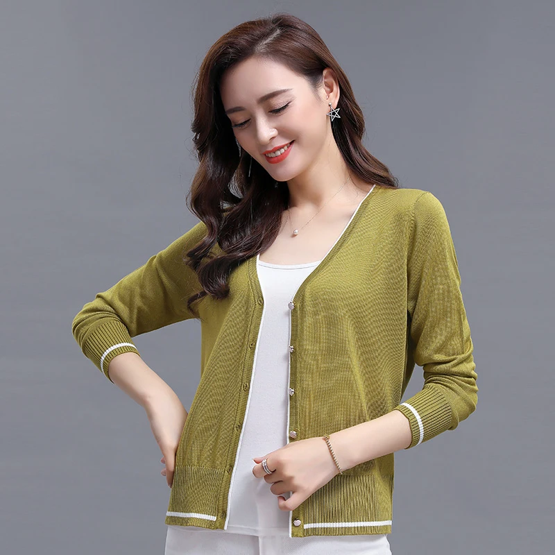New Spring Lady Thin Knitwear Solid Color Female V Neck Knit Coat Women ...