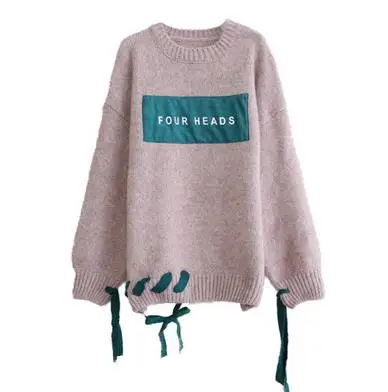 

Winter Women Pullover and Sweaters O neck Lace Up Knit sweaters Letters Chic Pull Sweater