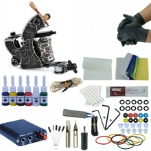 Стартовый полный комплект для татуировки, принадлежности для одного станка, 6 цветных чернил, электропитание, иглы, набор наконечников в коробке