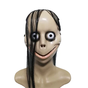 

Momo Scary Mask Scary Challenge Games Evil Latex Mask with Long Hair Halloween Costume Party Props