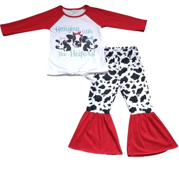 

Baby girls red color heifer print cow print bell bottom pants tie design 2pcs fall Christmas kids outfits clothing sets