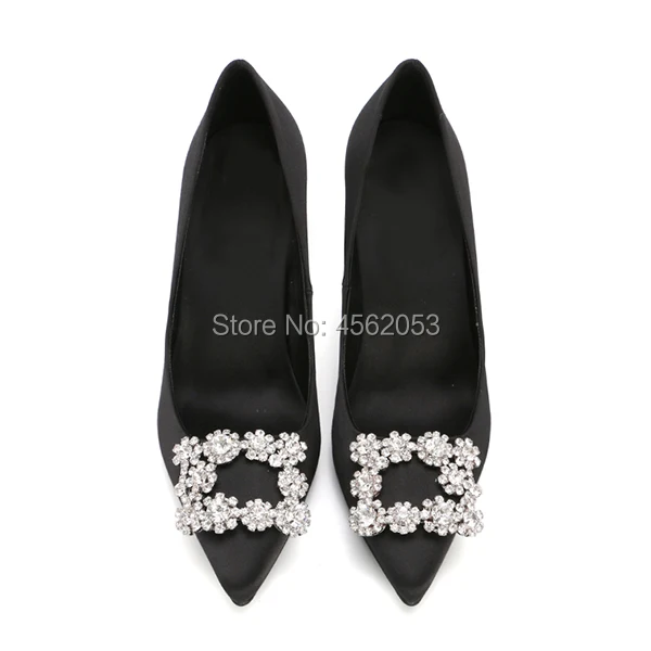 KALMALL/атласные шелковые свадебные туфли-лодочки цвета шампанского; Tacones Mujer; элегантные туфли на высоком каблуке с острым носком, украшенные стразами и пряжкой