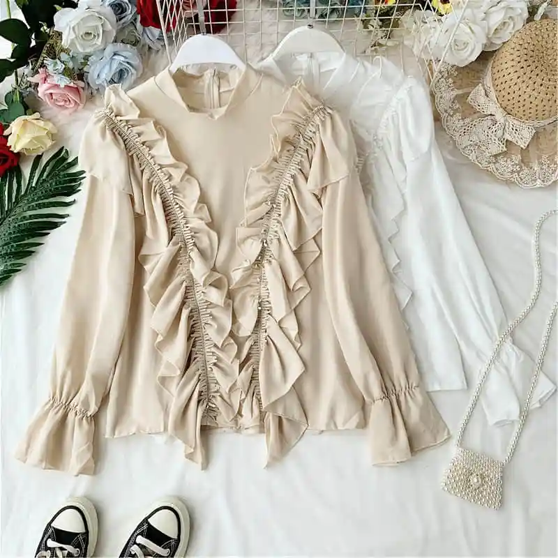 

NiceMix 2019 Shirt Women High Neck Long Sleeve Ruffles Loose Blouse And Tops Lady Spring Autumn Casual Chiffon Shirt And Blouse