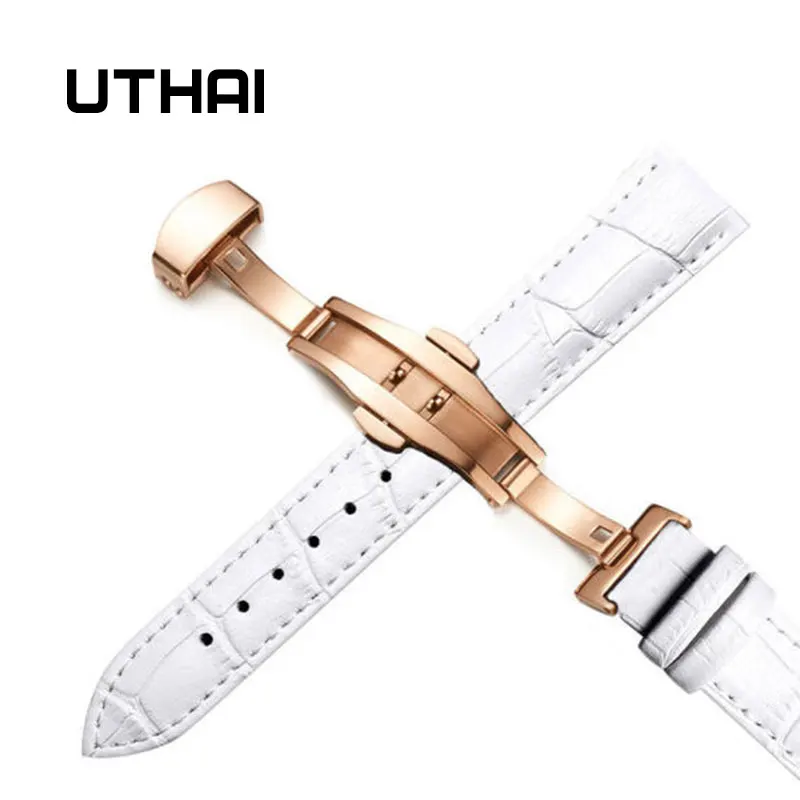 Rosegold-white UTHAI Z09 плюс Натуральная кожа Ремешки для наручных часов 12-24 мм Универсальные часы Бабочка Пряжка группа сталь Пряжка ремешок наручный ремень браслет - Цвет ремешка: Rosegold-white