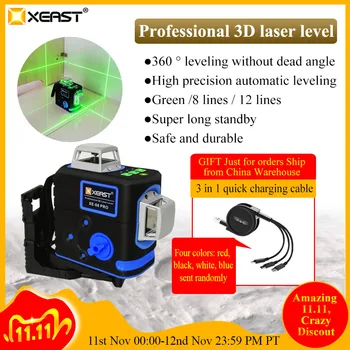 

2020 XEAST 3D Laser Levels 12 Lines Cross Level Self Leveling Outdoor 360 Rotary green Laser with Magnetic ladder bracket