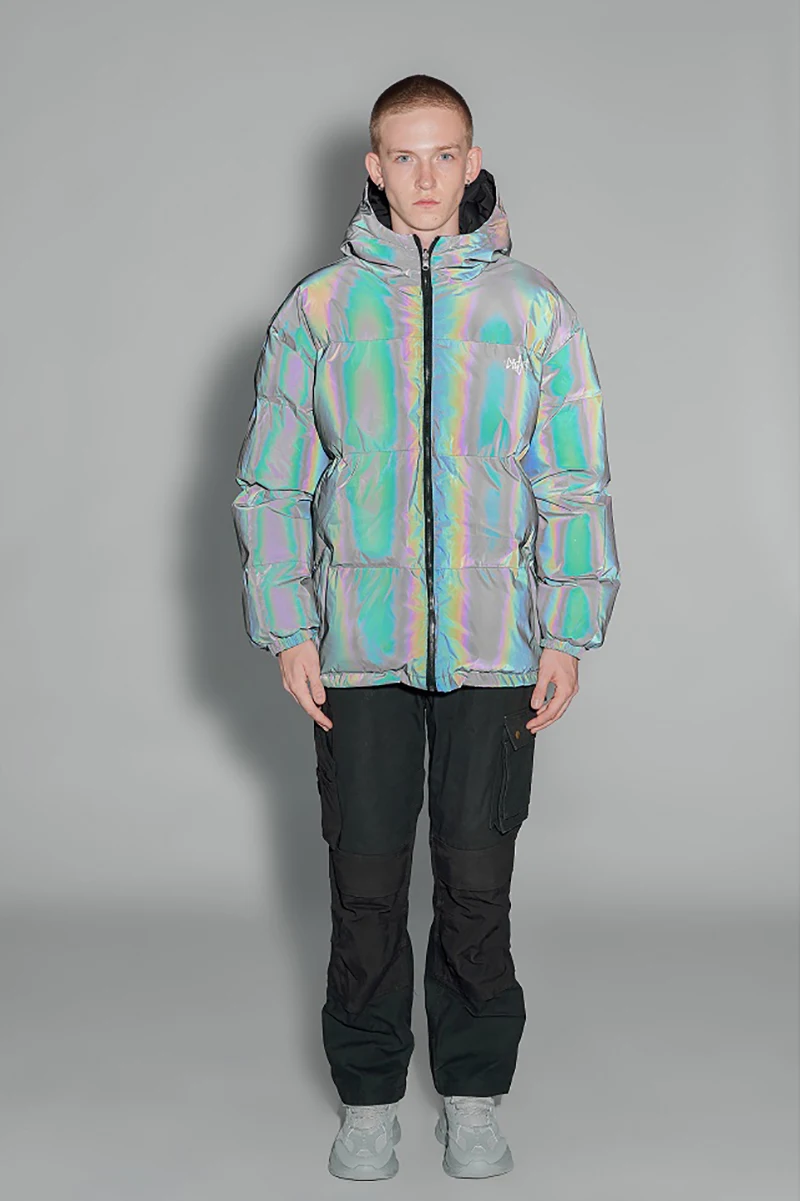 Мужское двустороннее светоотражающее пальто, уличная одежда в стиле хип-хоп, парка с капюшоном, радужная цветная Светоотражающая ветровка, Harajuku, зимняя куртка