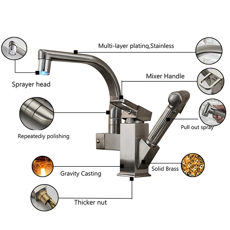 

Pull Out Sink Faucet Sprinkler Sprayer Tap Adapter 24inch Pull Hose LED Color 360 Degree Rotation Kitchen Fixtures