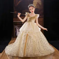 Lace Appliques Champagne Flower Girl Dresses For Wedding Girls Pageant Gowns Tulle Sweep Train Pageant Dress