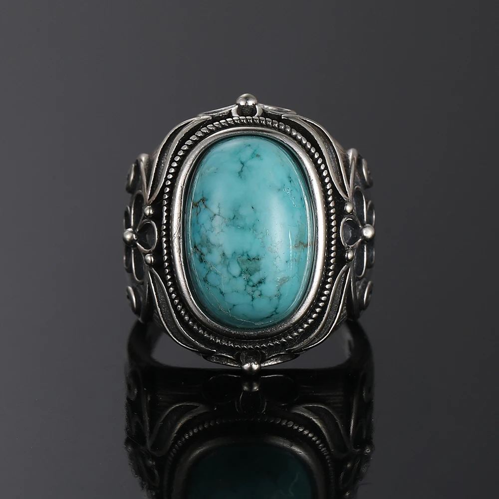 Natural Turquoise Ring Lady 925 Silver Jewelry Retro Party Ring 11X17MM Large Ellipse Gem Gift Wholesale
