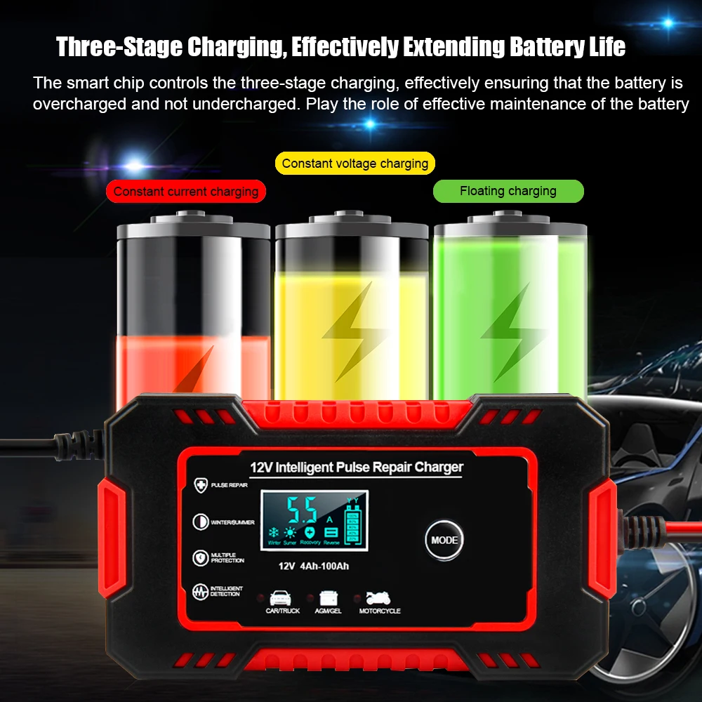 NEXPEAK Full Automatic Car Battery Charger 12V 24V 6A Digital LCD Display Power Puls Repair Wet Dry Lead Acid Battery Tester