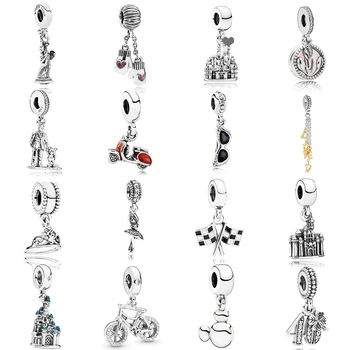 

NEW 2019 100% 925 Sterling Silver Racing Finish Line Motorcycle Glasses Castle Pendant Fit DIY Original Women Bracelet Jewelry