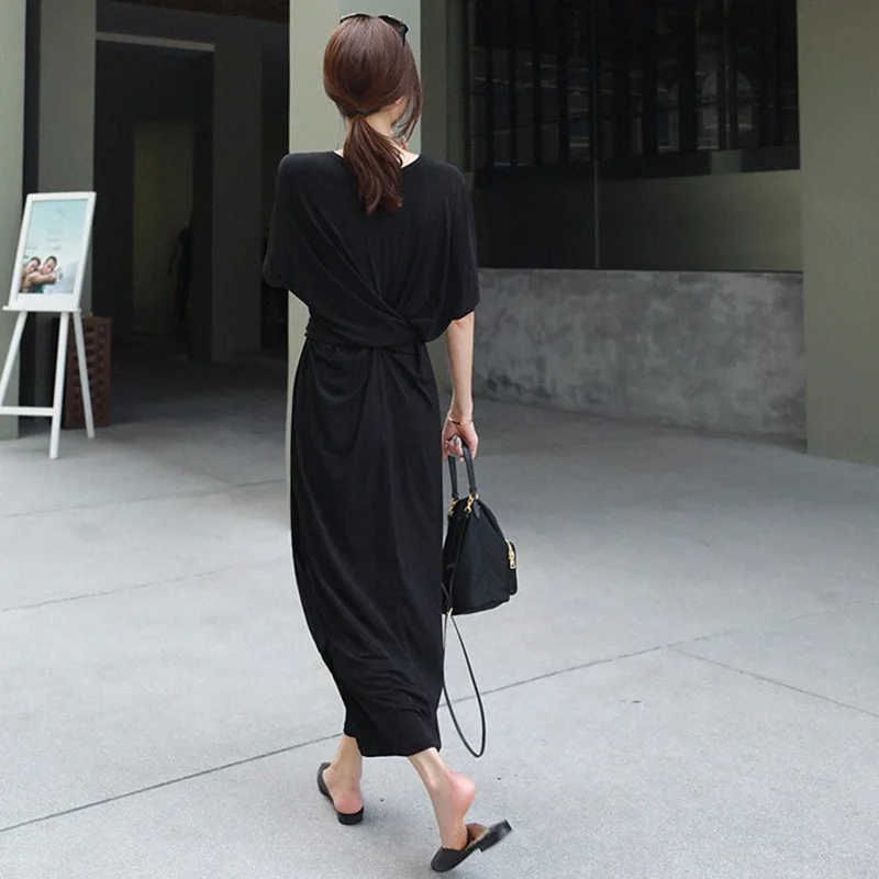 

Loose And Plus-sized Dress Students Long Korean-style Modal Cotton Bat Sleeve GIRL'S Dress Lace-up Twist Fold T-shirt Dress