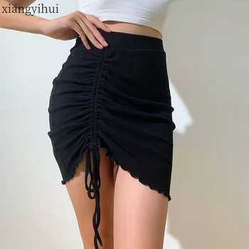 

Autumn Black High Waist Sexy Asymmetrical Drawstring Skirt Women Fashion Elastic Lace-up Mini Skirt Short Bottomings 2020