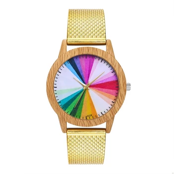 

Fashion Ladies Quartz Watch Golden Silicone Strap Multicolor Pattern Imitation Wood Alloy Dial Watches For Women Gift Men Clocks