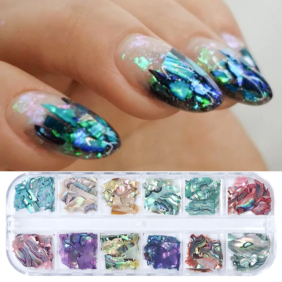 Grid Glitter Abalone Shell Flakes for Nail Art Decoration 3D Charms Spring Summer Slices DIY Paillette Accessories 6/12