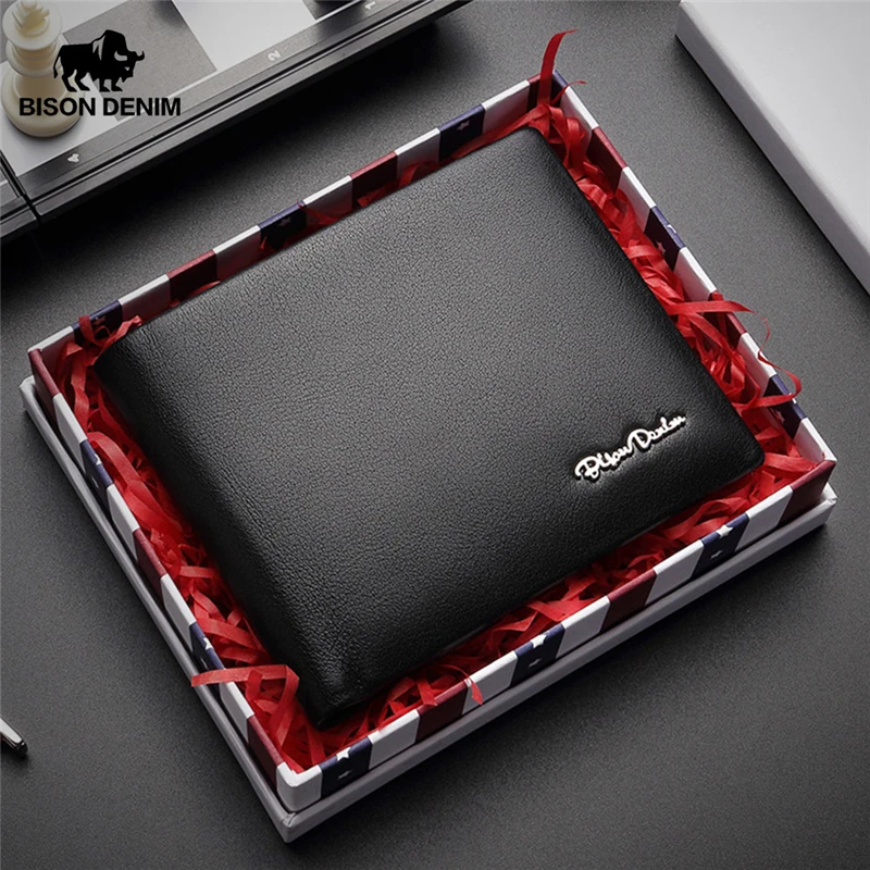 BISON DENIM бумажник из натуральной кожи RFID Мужской многофункциональный держатель